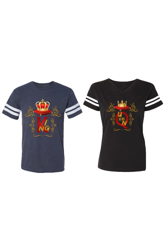 King Queen Gold Crown Matching Couple Cotton Jerseys (Men Navy / Women Black) (Men S / Women S)