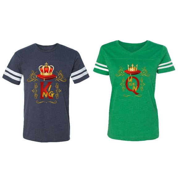King Queen Gold Crown Matching Couple Cotton Jerseys (Men Navy / Women Green) (Men XL / Women S)