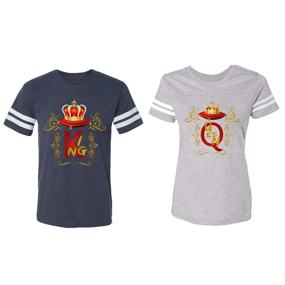 King Queen Gold Crown Matching Couple Cotton Jerseys (Men Navy / Women Heather) (Men XL / Women XL)