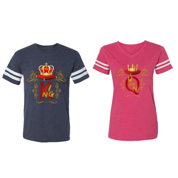 King Queen Gold Crown Matching Couple Cotton Jerseys (Men Navy / Women Pink) (Men L / Women L)