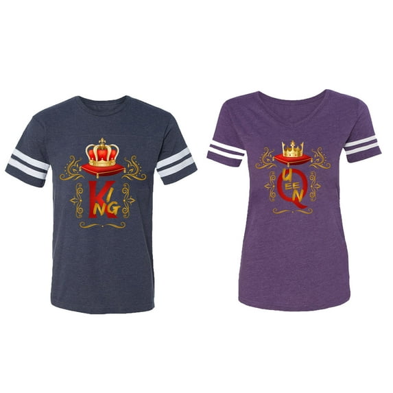 King Queen Gold Crown Matching Couple Cotton Jerseys (Men Navy / Women Purple) (Men M / Women XL)