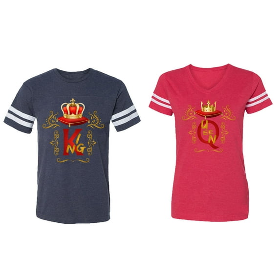 King Queen Gold Crown Matching Couple Cotton Jerseys (Men Navy / Women Red) (Men L / Women L)