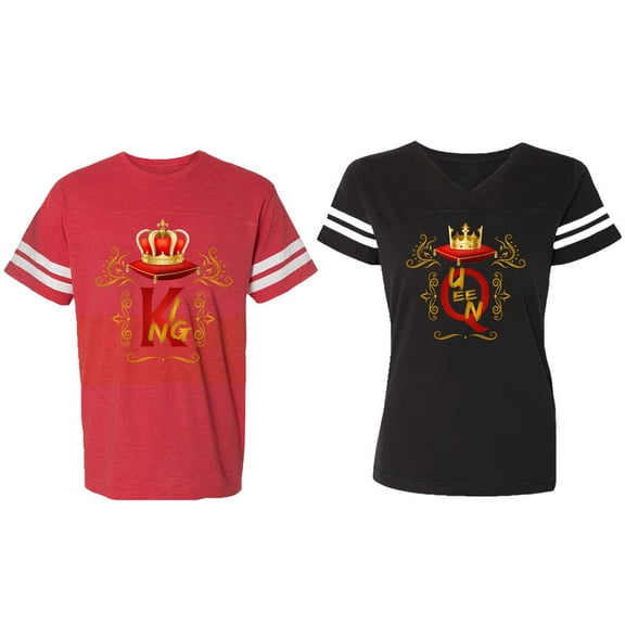 King Queen Gold Crown Matching Couple Cotton Jerseys (Men Red / Women Black) (Men S / Women S)