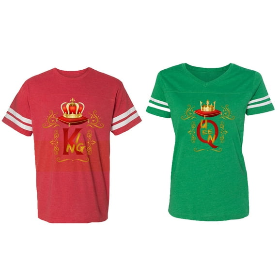 King Queen Gold Crown Matching Couple Cotton Jerseys (Men Red / Women Green) (Men XL / Women XXL)