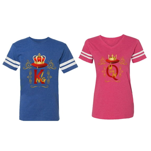 King Queen Gold Crown Matching Couple Cotton Jerseys (Men Royal / Women Pink) (Men S / Women L)