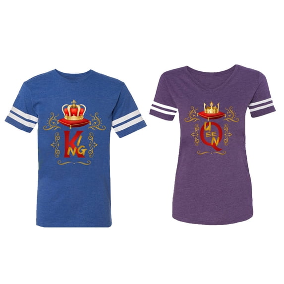 King Queen Gold Crown Matching Couple Cotton Jerseys (Men Royal / Women Purple) (Men L / Women XXL)