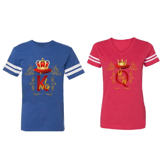 King Queen Gold Crown Matching Couple Cotton Jerseys (Men Royal / Women Red) (Men L / Women M)