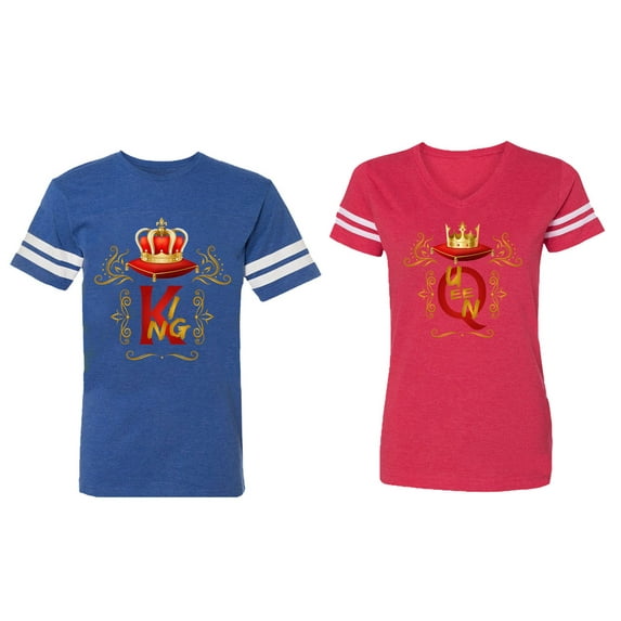 King Queen Gold Crown Matching Couple Cotton Jerseys (Men Royal / Women Red) (Men L / Women XL)