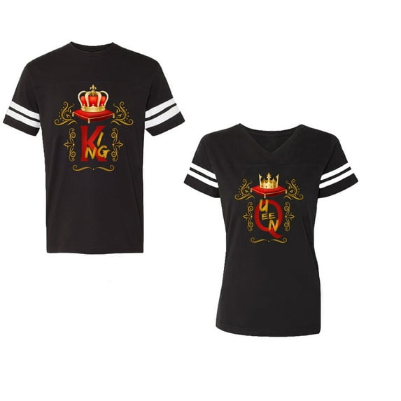 King Queen Gold Crown Unisex Couple Matching Cotton Jersey style T-Shirt Contrasting stripes on sleeves (Men Black / Women Black) (Men S / Women S)