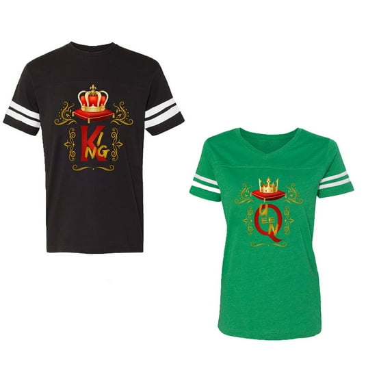 King Queen Gold Crown Unisex Couple Matching Cotton Jersey style T-Shirt Contrasting stripes on sleeves (Men Black / Women Green) (Men L / Women XL)