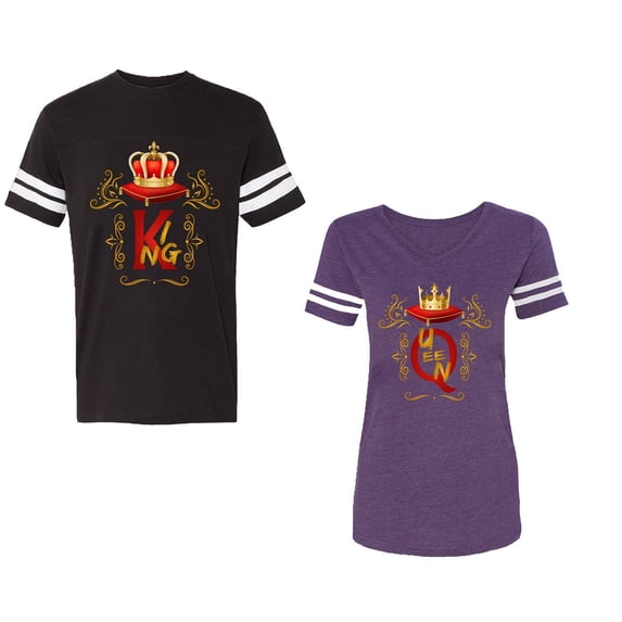 King Queen Gold Crown Unisex Couple Matching Cotton Jersey style T-Shirt Contrasting stripes on sleeves (Men Black / Women Purple) (Men XL / Women S)