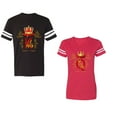 thumbnail image 1 of King Queen Gold Crown Unisex Couple Matching Cotton Jersey style T-Shirt Contrasting stripes on sleeves (Men Black / Women Red) (Men XXL / Women XL), 1 of 3