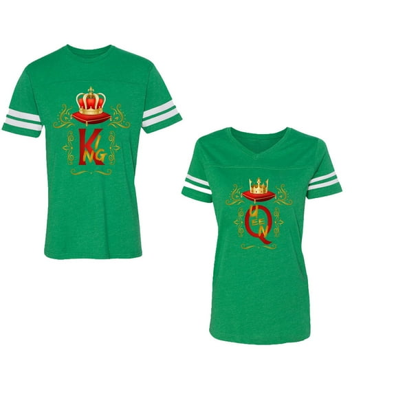 King Queen Gold Crown Unisex Couple Matching Cotton Jersey style T-Shirt Contrasting stripes on sleeves (Men Green / Women Green) (Men M / Women XXL)