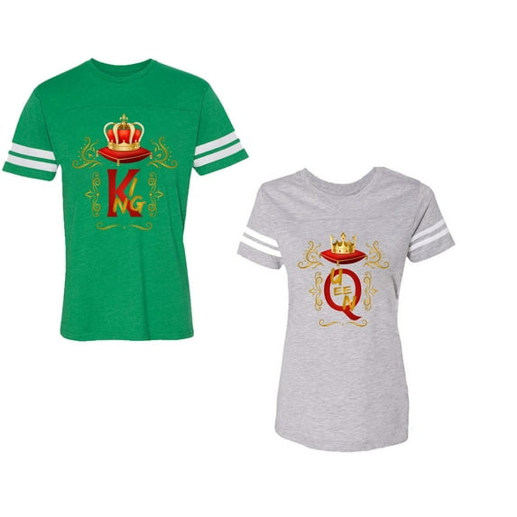 King Queen Gold Crown Unisex Couple Matching Cotton Jersey style T-Shirt Contrasting stripes on sleeves (Men Green / Women Heather) (Men S / Women M)
