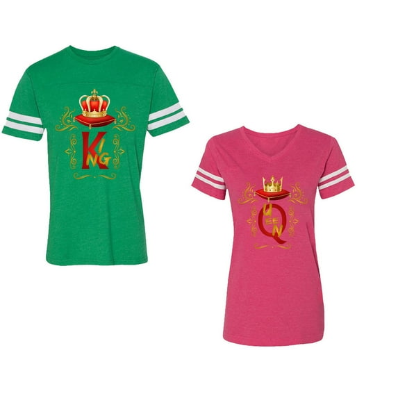 King Queen Gold Crown Unisex Couple Matching Cotton Jersey style T-Shirt Contrasting stripes on sleeves (Men Green / Women Pink) (Men XL / Women L)