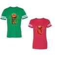 thumbnail image 1 of King Queen Gold Crown Unisex Couple Matching Cotton Jersey style T-Shirt Contrasting stripes on sleeves (Men Green / Women Red) (Men S / Women L), 1 of 3