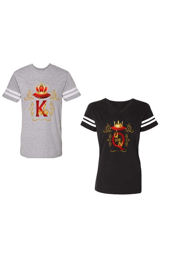 King Queen Gold Crown Unisex Couple Matching Cotton Jersey style T-Shirt Contrasting stripes on sleeves (Men Heather / Women Black) (Men L / Women L)