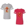 thumbnail image 1 of King Queen Gold Crown Unisex Couple Matching Cotton Jersey style T-Shirt Contrasting stripes on sleeves (Men Heather / Women Red) (Men M / Women XXL), 1 of 3