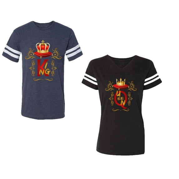King Queen Gold Crown Unisex Couple Matching Cotton Jersey style T-Shirt Contrasting stripes on sleeves (Men Navy / Women Black) (Men L / Women XXL)
