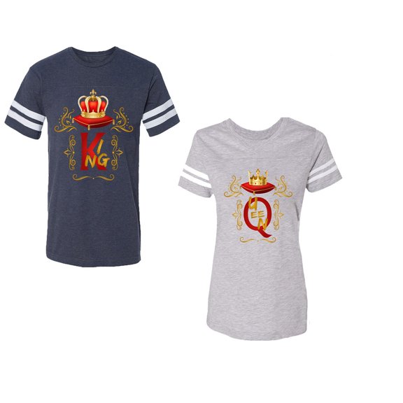 King Queen Gold Crown Unisex Couple Matching Cotton Jersey style T-Shirt Contrasting stripes on sleeves (Men Navy / Women Heather) (Men S / Women XL)