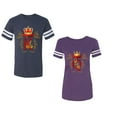 thumbnail image 1 of King Queen Gold Crown Unisex Couple Matching Cotton Jersey style T-Shirt Contrasting stripes on sleeves (Men Navy / Women Purple) (Men XL / Women S), 1 of 3
