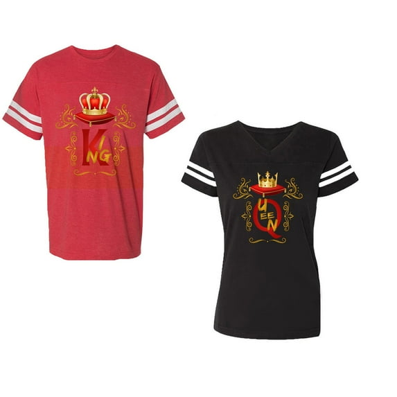 King Queen Gold Crown Unisex Couple Matching Cotton Jersey style T-Shirt Contrasting stripes on sleeves (Men Red / Women Black) (Men S / Women S)
