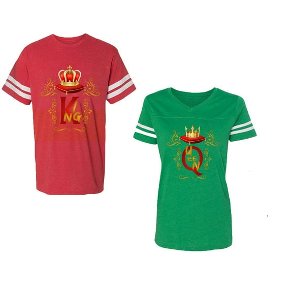 King Queen Gold Crown Unisex Couple Matching Cotton Jersey style T-Shirt Contrasting stripes on sleeves (Men Red / Women Green) (Men S / Women M)