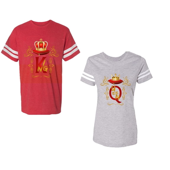King Queen Gold Crown Unisex Couple Matching Cotton Jersey style T-Shirt Contrasting stripes on sleeves (Men Red / Women Heather) (Men S / Women L)