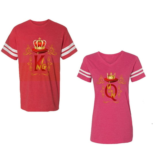 King Queen Gold Crown Unisex Couple Matching Cotton Jersey style T-Shirt Contrasting stripes on sleeves (Men Red / Women Pink) (Men M / Women M)