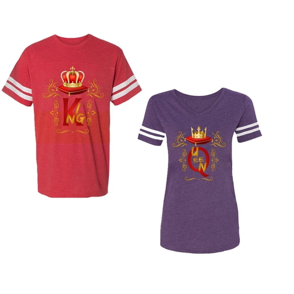 King Queen Gold Crown Unisex Couple Matching Cotton Jersey style T-Shirt Contrasting stripes on sleeves (Men Red / Women Purple) (Men XL / Women XXL)