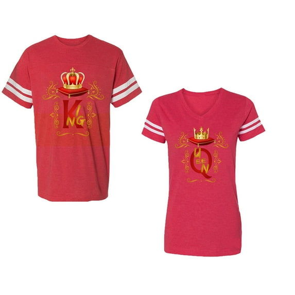 King Queen Gold Crown Unisex Couple Matching Cotton Jersey style T-Shirt Contrasting stripes on sleeves (Men Red / Women Red) (Men L / Women XL)