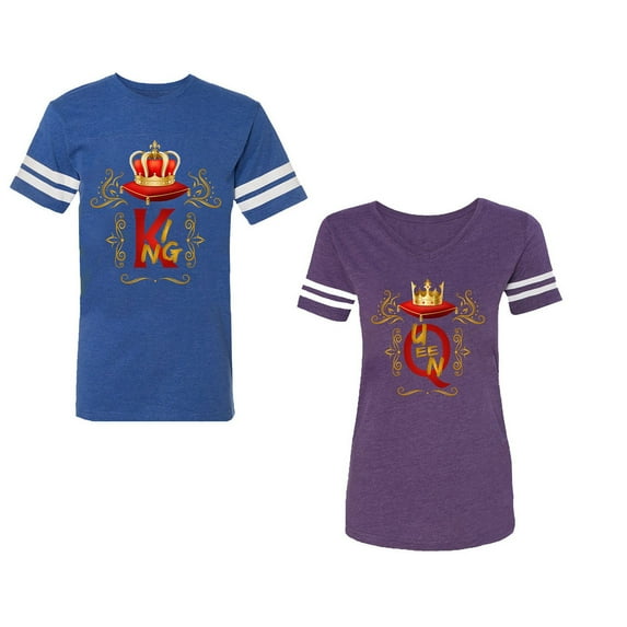 King Queen Gold Crown Unisex Couple Matching Cotton Jersey style T-Shirt Contrasting stripes on sleeves (Men Royal / Women Purple) (Men XL / Women S)