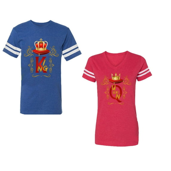 King Queen Gold Crown Unisex Couple Matching Cotton Jersey style T-Shirt Contrasting stripes on sleeves (Men Royal / Women Red) (Men XXL / Women M)