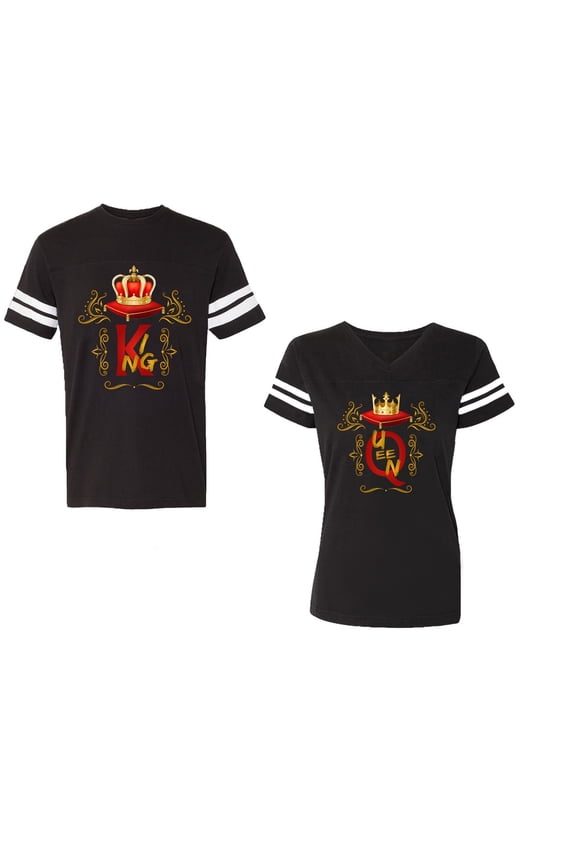King Queen Gold Crown Unisex Couple Matching Cotton Jersey style T-Shirt Contrasting stripes on sleeves (Men Black / Women Black) (Men XXL / Women XXL)