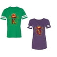 thumbnail image 1 of King Queen Gold Crown Unisex Couple Matching Cotton Jersey style T-Shirt Contrasting stripes on sleeves (Men Green / Women Purple) (Men XXXL / Women XXL), 1 of 3