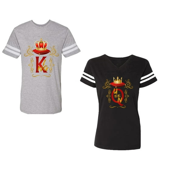 King Queen Gold Crown Unisex Couple Matching Cotton Jersey style T-Shirt Contrasting stripes on sleeves (Men Heather / Women Black) (Men S / Women XL)