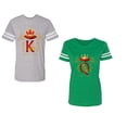 thumbnail image 1 of King Queen Gold Crown Unisex Couple Matching Cotton Jersey style T-Shirt Contrasting stripes on sleeves (Men Heather / Women Green) (Men M / Women XXL), 1 of 3