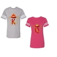 thumbnail image 1 of King Queen Gold Crown Unisex Couple Matching Cotton Jersey style T-Shirt Contrasting stripes on sleeves (Men Heather / Women Pink) (Men XXL / Women XXL), 1 of 3