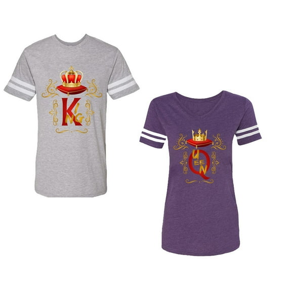 King Queen Gold Crown Unisex Couple Matching Cotton Jersey style T-Shirt Contrasting stripes on sleeves (Men Heather / Women Purple) (Men XL / Women L)