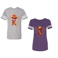 thumbnail image 1 of King Queen Gold Crown Unisex Couple Matching Cotton Jersey style T-Shirt Contrasting stripes on sleeves (Men Heather / Women Purple) (Men XXL / Women S), 1 of 3