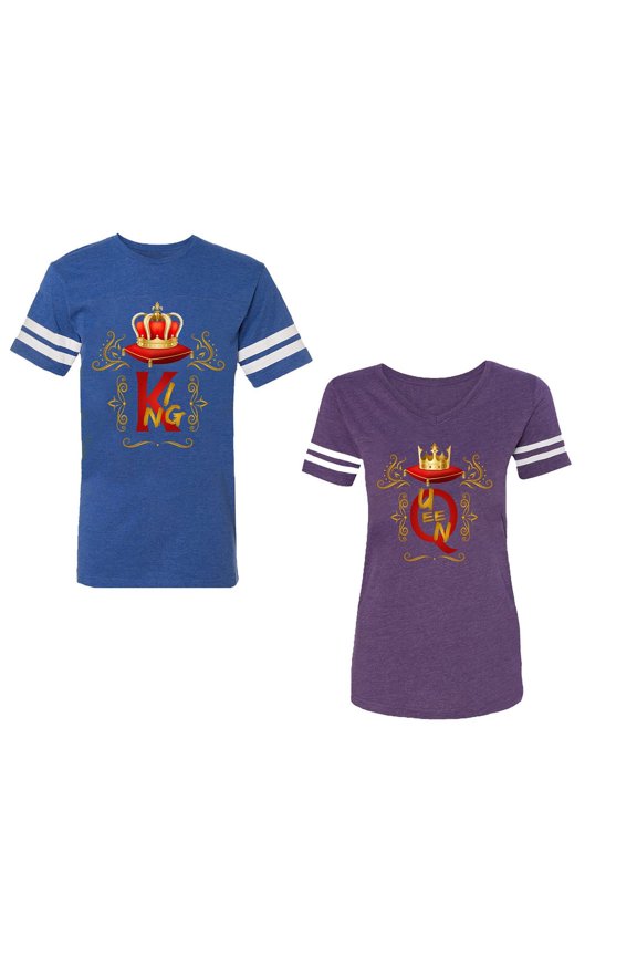 King Queen Gold Crown Unisex Couple Matching Cotton Jersey style T-Shirt Contrasting stripes on sleeves (Men Royal / Women Purple) (Men XL / Women XL)