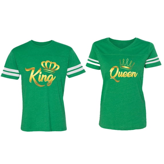 King Queen Gold Matching Couple Cotton Jerseys (Men Green / Women Green) (Men XXXL / Women XXL)