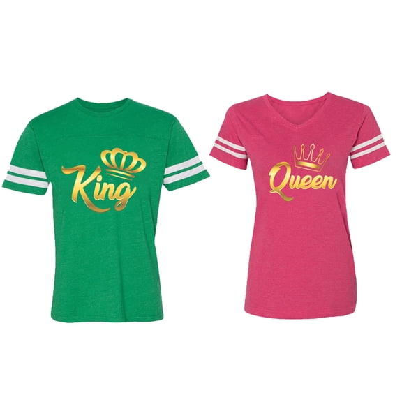 King Queen Gold Matching Couple Cotton Jerseys (Men Green / Women Pink) (Men S / Women M)