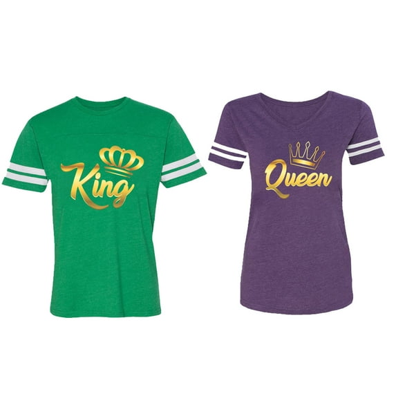 King Queen Gold Matching Couple Cotton Jerseys (Men Green / Women Purple) (Men XL / Women M)
