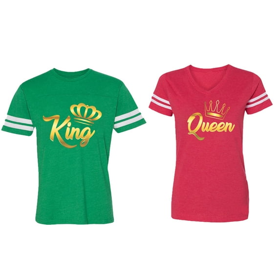 King Queen Gold Matching Couple Cotton Jerseys (Men Green / Women Red) (Men XL / Women S)