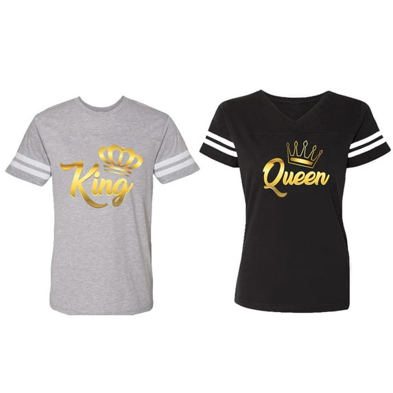King Queen Gold Matching Couple Cotton Jerseys (Men Heather / Women Black) (Men S / Women S)