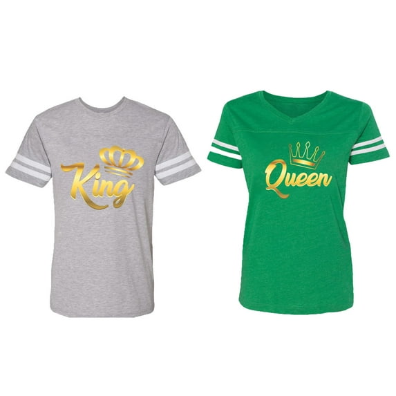King Queen Gold Matching Couple Cotton Jerseys (Men Heather / Women Green) (Men XXL / Women L)