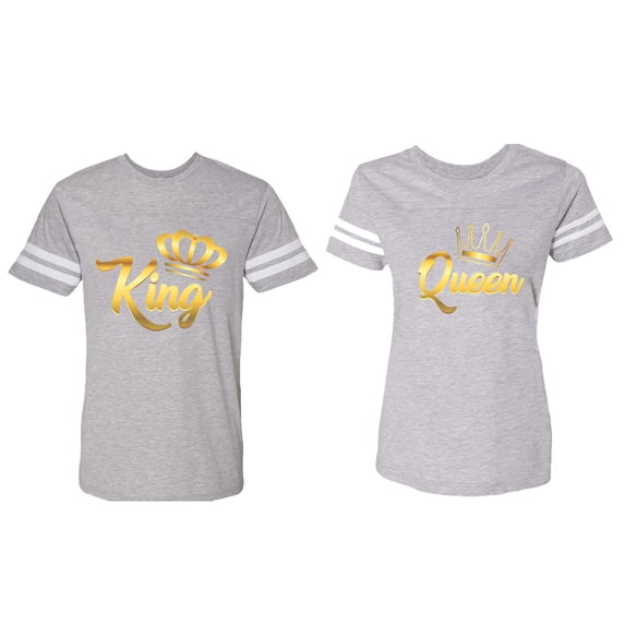 King Queen Gold Matching Couple Cotton Jerseys (Men Heather / Women Heather) (Men S / Women XXL)