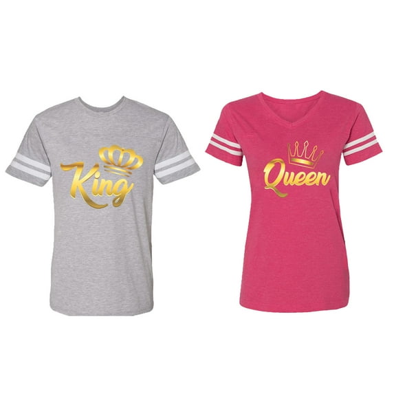 King Queen Gold Matching Couple Cotton Jerseys (Men Heather / Women Pink) (Men L / Women L)