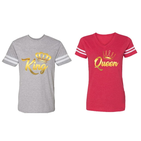 King Queen Gold Matching Couple Cotton Jerseys (Men Heather / Women Red) (Men S / Women M)